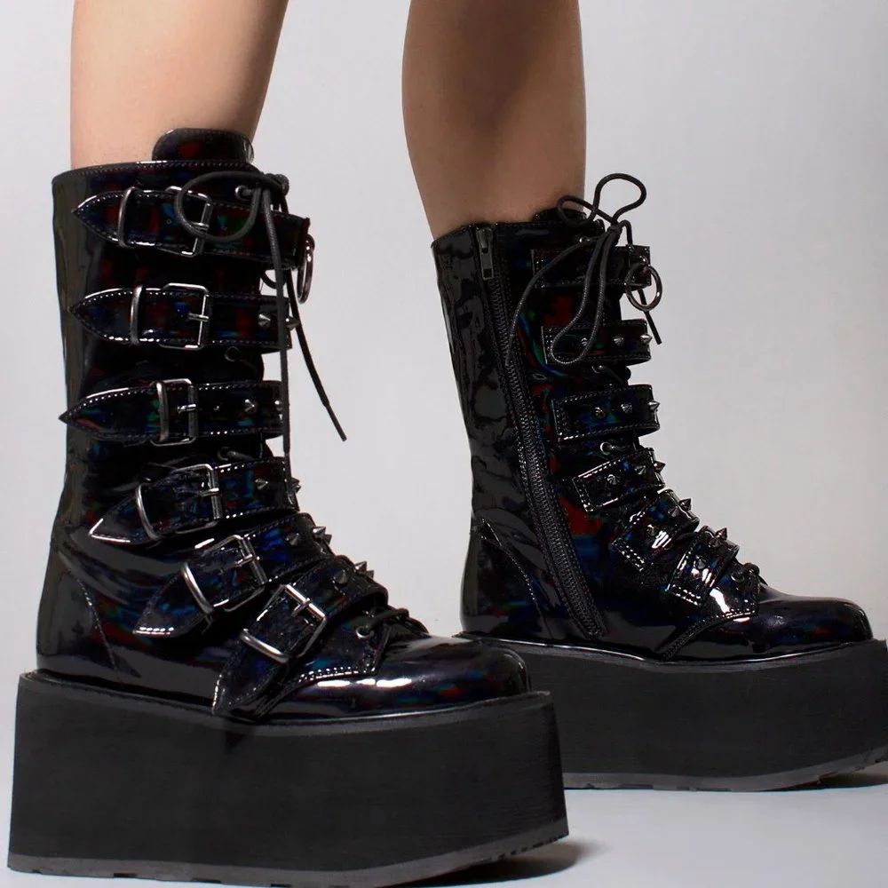 NEW Demonia Damned 225 Platform Boots - Holographic Black - Picture 2 of 3